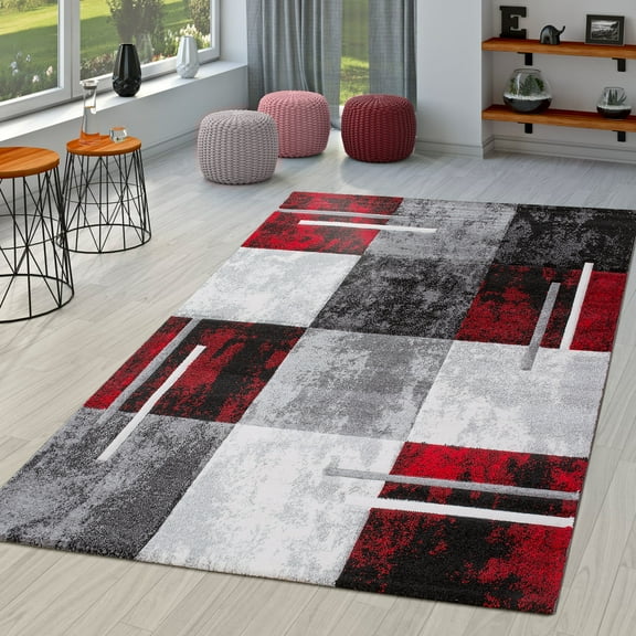 Modern Area Rug with Checkered Pattern in Grey Red