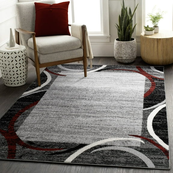 Modern Area Rug with Classic Border Design for Living Room in Red - 5'3" x 7'3" (5'x7')