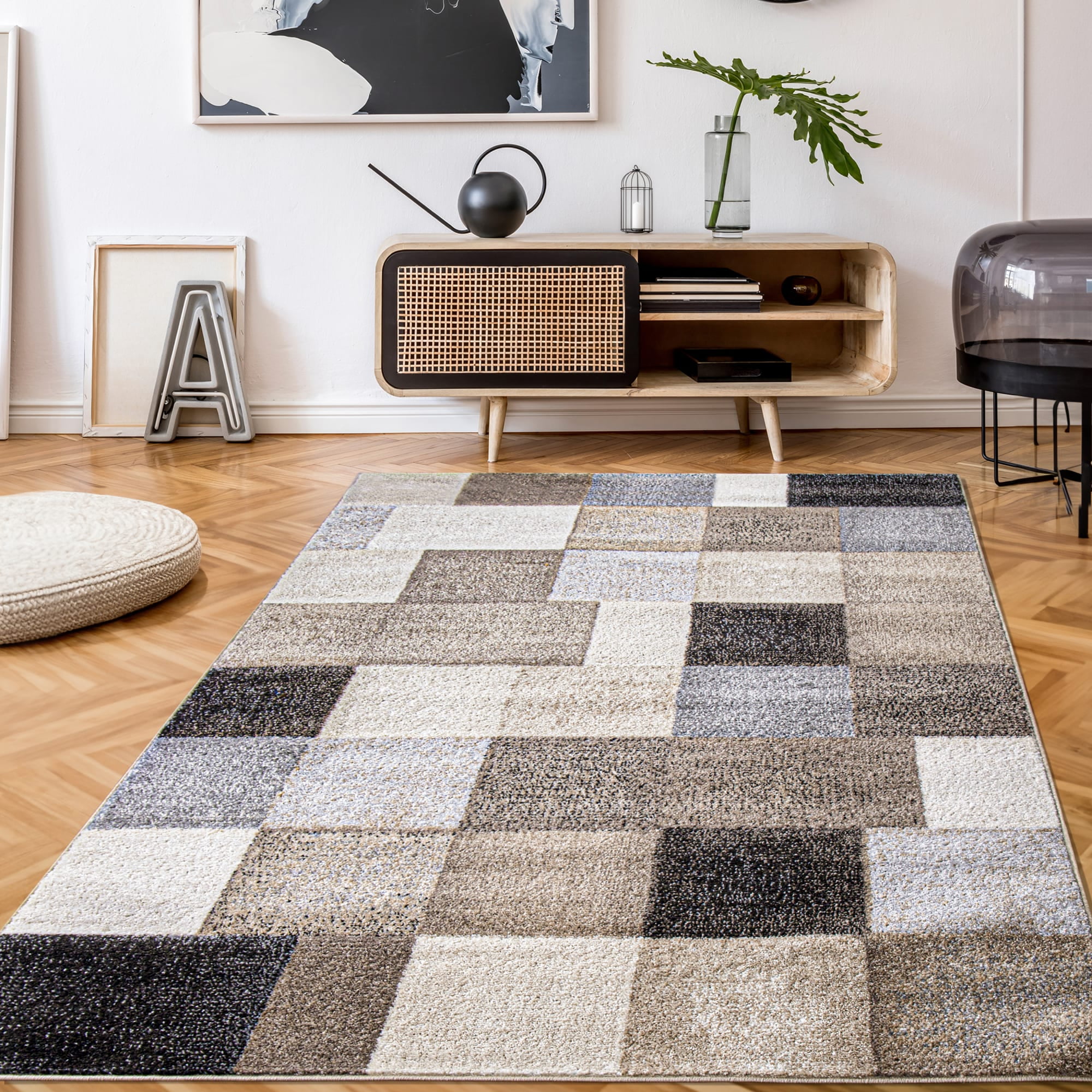 Modern Patterned Area Rug Modern Area Rug with Patchwork Pattern in Beige Grey Tones - Walmart.com