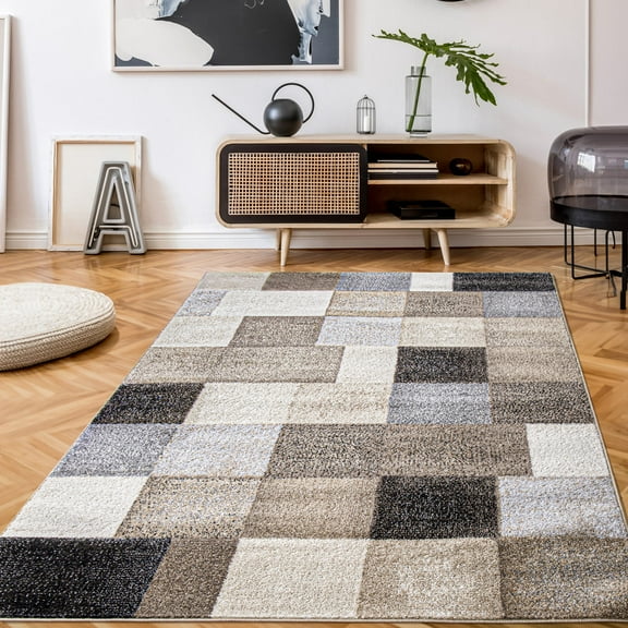 Modern Area Rug with Patchwork Pattern in Beige Grey Tones