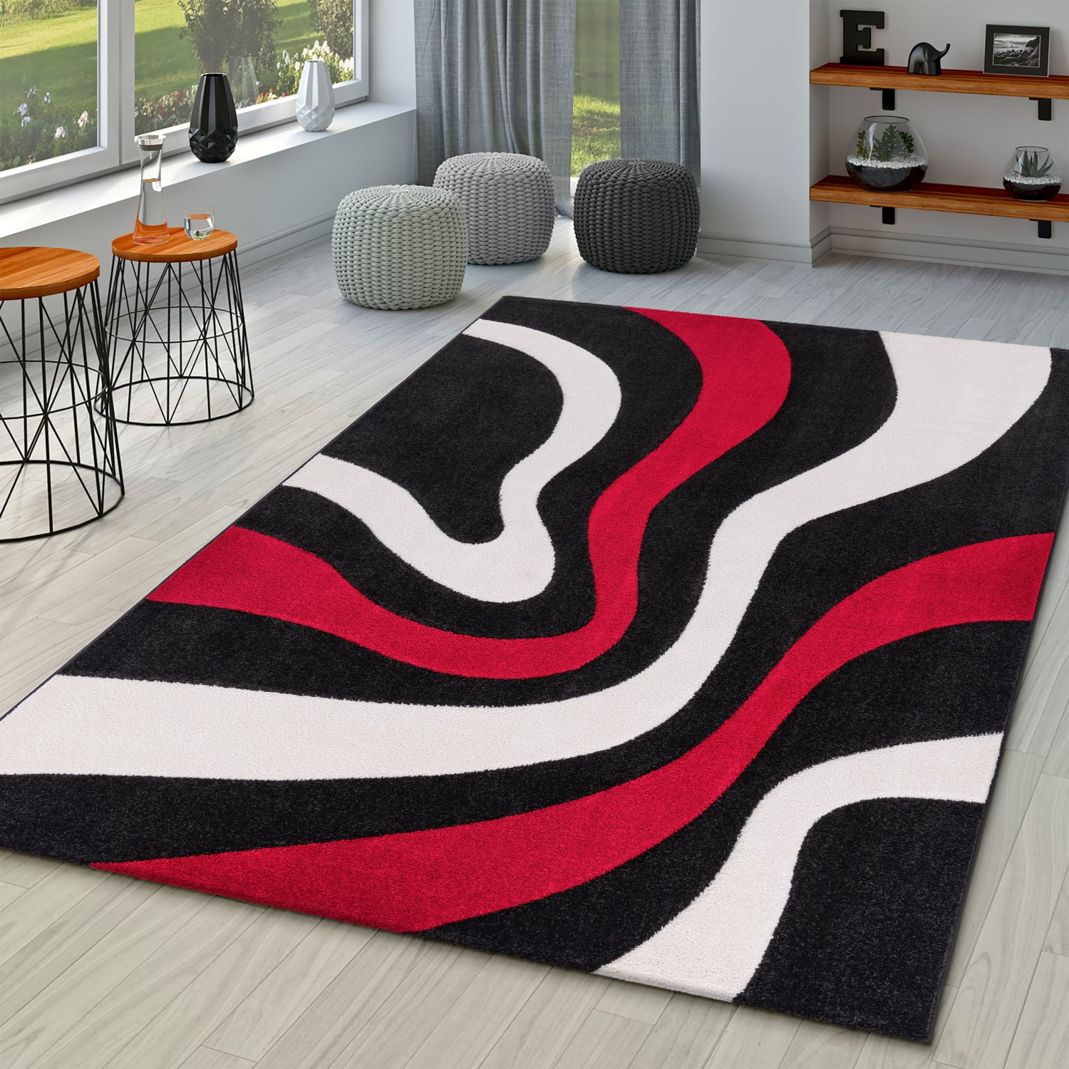 Aleya Black-Red Abstract Synthetic Area Rug