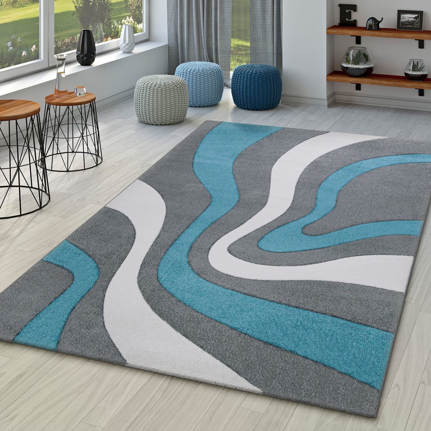 Grey-Blue Geometric 5' x 7' Stain-Resistant Synthetic Rug