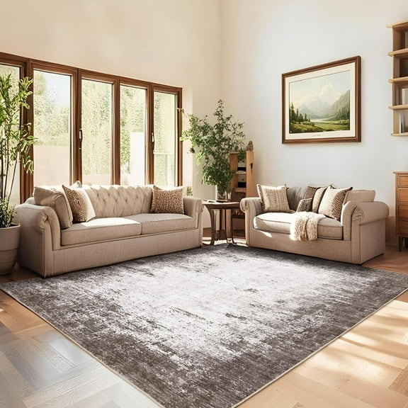 Modern Area Rugs 6x9 Abstract Indoor Carpet, Stain-Resistant Neutral Ultra-Thin Floor Cover, Non-Slip Distressed Throw Rug, Machine Washable, Perfect for Living, Dining Room (Brown)