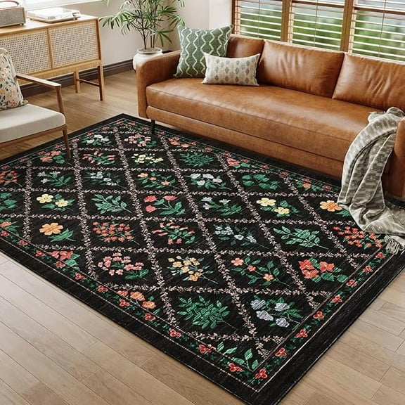 Modern Area Rugs 9x12 Living Room Washable Rug Farmhouse Luxurious Soft Rugs for Bedroom Aesthetic Trellis Beige Rug Floral Throw Rugs Non Slip Carpet for Nursery Office 9'x12' Trellis|black