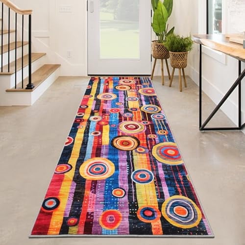 Modern Area Rugs, Contemporary Soft Non-Slip Indoor Floor Carpet with Circles Print Low Pile Washable Mat for Entryway Bedroom Living Room
