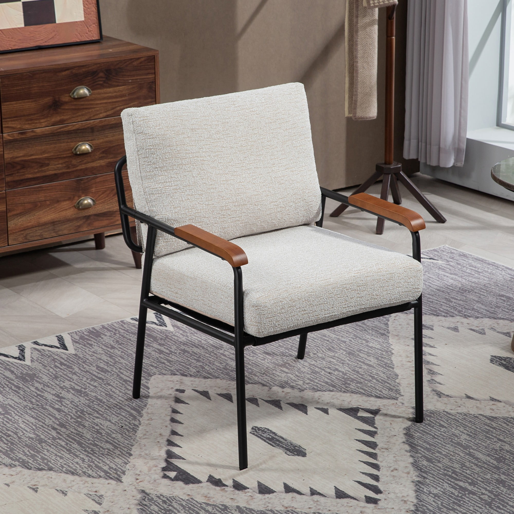 Modern Arm Chair,Accent Chair,Upholstered Lounge Chair with Black Metal Frame for Bedroom, Living Room, Dining Room,Beige
