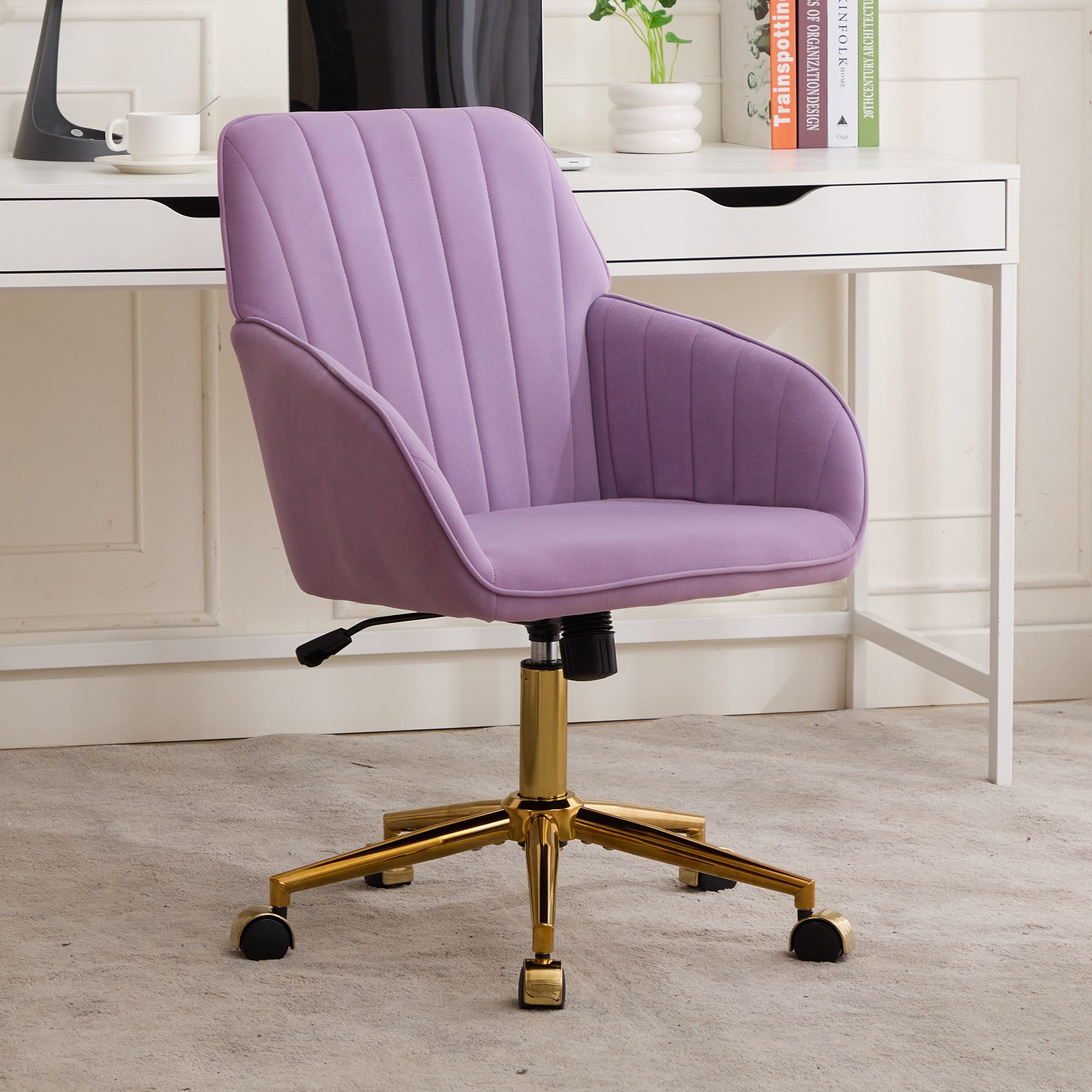 Modern Arm Chair,Adjustable Office Desk Chair with Wheels,Swivel Vanity Chair,Purple
