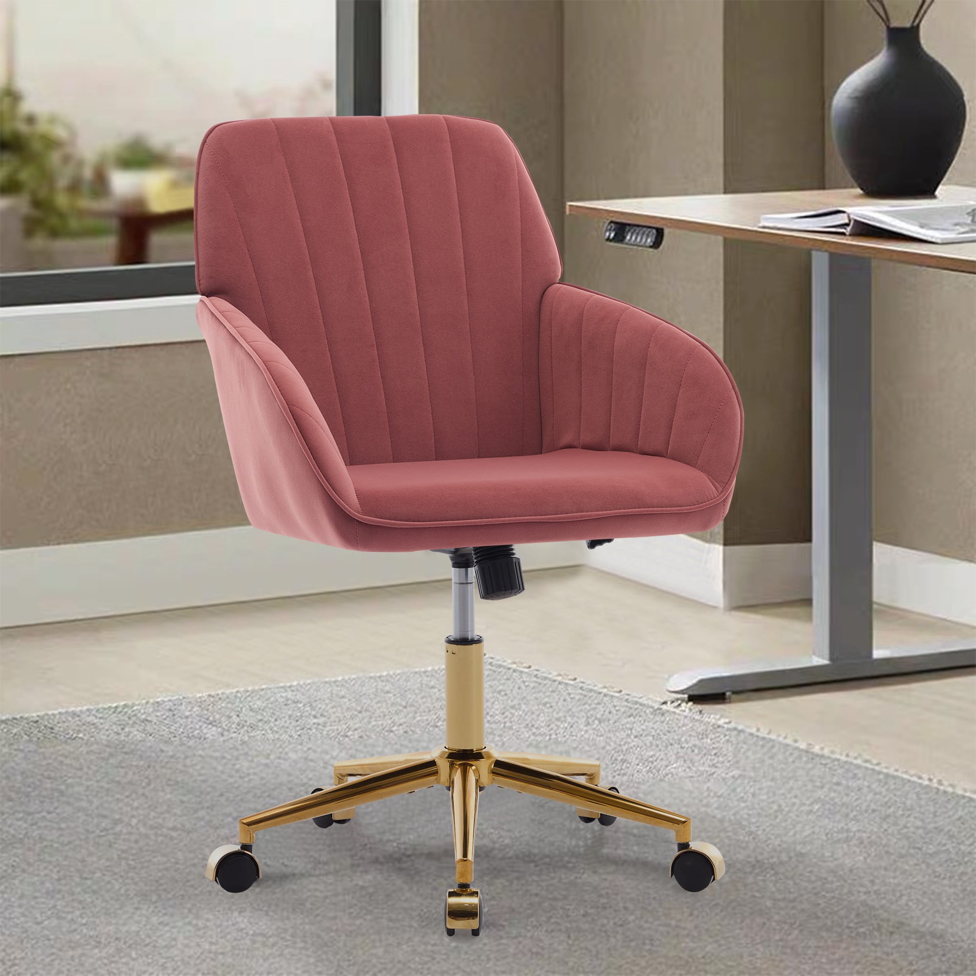 Modern Arm Chair,Adjustable Office Desk Chair with Wheels,Swivel Vanity Chair,Red