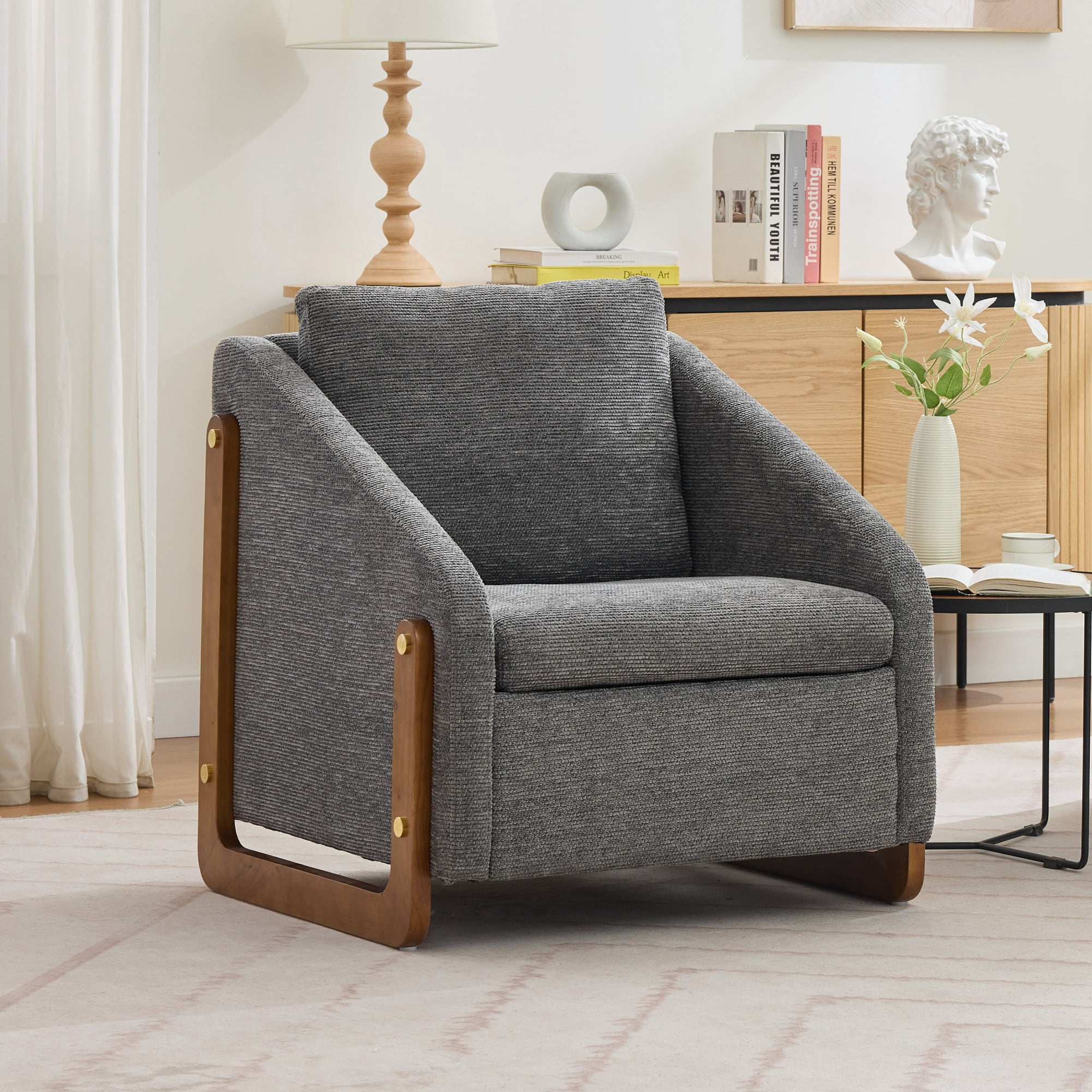 Modern Arm Chair Armchair,Chenille Upholstered Accent Chair with Cushioned Seat and Backrest for Living Room, Bedroom,Gray