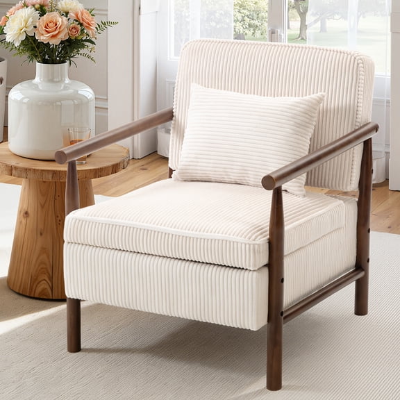 Legahome Accent Chair for Living Room, Antique White Accent Chair with Storage, Striped Chenille Fabric Arm Chair with Solid Wood Frame, Modern Reading Chair with Armrests for Bedroom