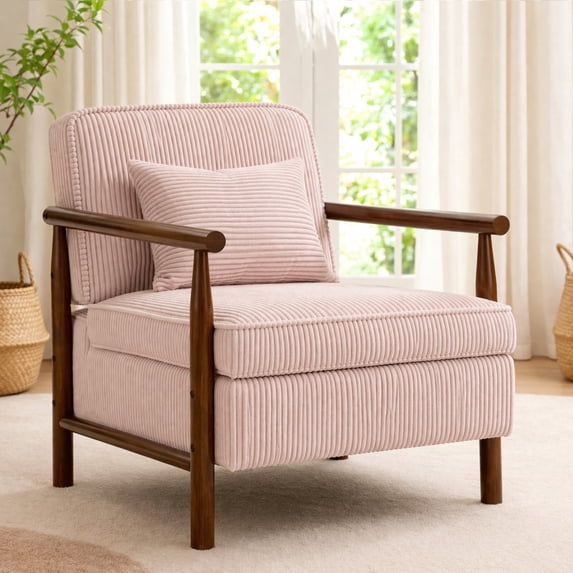 Legahome Accent Chair for Living Room, Light Pink Accent Chair with Storage, Striped Chenille Fabric Arm Chair with Solid Wood Frame, Modern Reading Chair with Armrests for Bedroom