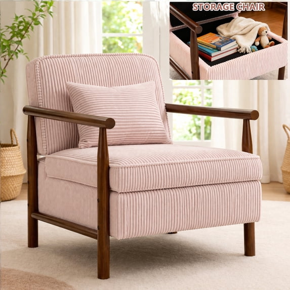 Accent Chair with Hidden Storage, LEGAHOME Light Pink Modern Arm Chair for Living Room, Comfy Corduroy Reading Armchair for Bedroom, with Solid Wood Leg for 250lbs Weight Capacity