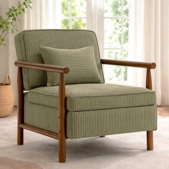Legahome Accent Chair for Living Room, Antique Green Accent Chair with Storage, Striped Chenille Fabric Arm Chair with Solid Wood Frame, Modern Reading Chair with Armrests for Bedroom