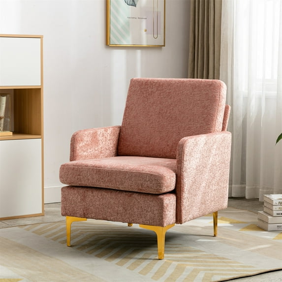 Modern Armchair, Comfy Single Sofa Chair with High Back and Thick Cushion Upholstered Accent Chair with Golden Metal Legs and Side Storage Pocket for Living Room Bedroom Dorm Room Office, Pink