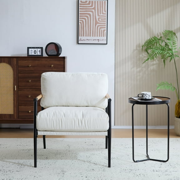 Modern Armchair with Metal Frame & Natural Wood Armrests, Plush Cushions, White+Black