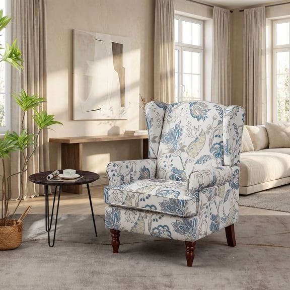 Modern Armchair with Retro Wooden Legs & Floral Blue Upholstery, Comfortable Accent Chair for Living Room, Bedroom or Office