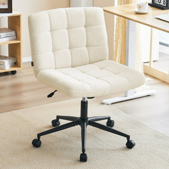 Modern Armless Home Office Chair Wide Desk Chair with Wheels for Home Office, Bedroom, Ivory white