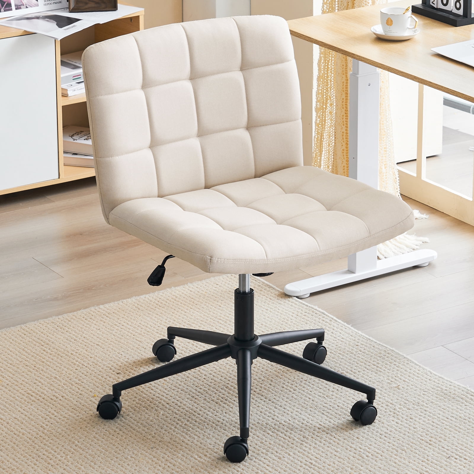 Beige Linen Armless Swivel Task Chair with Wheels