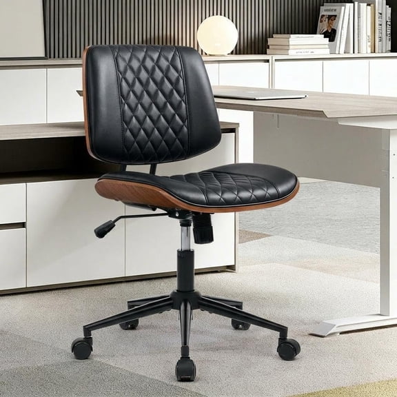 Modern Armless Home Office Desk Chair - Ergonomic Adjustable Height - Small Mid-Back Swivel - Deluxe PU Leather - Walnut Finish - Ideal for Reading, Meeting, Office - With Wheels -Diamond Design | PU