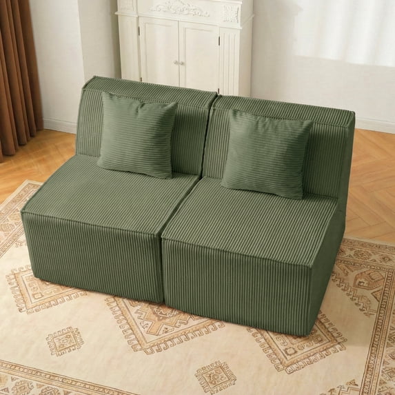 Modern Armless Loveseat, Green Boneless Corduroy Couch for Small Spaces, Compact Apartments or Living Rooms, No Assembly Required
