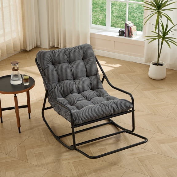 Modern Armless Outdoor Rocking Chair with Soft Thick Cushion, Black Powder Coated Steel Frame Grey 300g Corduroy Rocking Chair 300lbs Capacity for Living Room Bedroom Reading Room