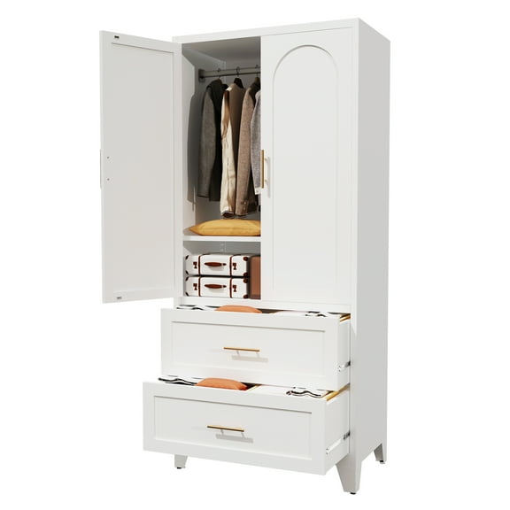 Modern Armoire Wardrobe Closet with 2 Doors, Hanging Rod, 2 Drawers, 1 Adjustable Shelf, 70.87" Tall Bedroom Storage Cabinet, Metal Wardrobe Cabinet White