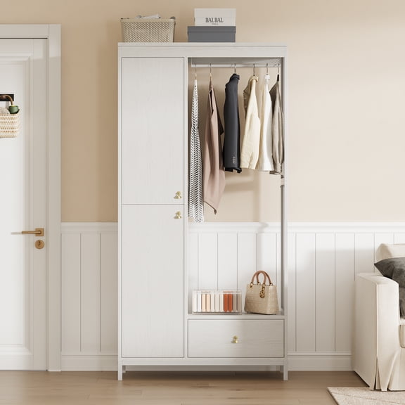 Modern Armoire Wardrobe Closet, Wood & Metal Frame, Bottom Drawer & Hanging Rod, For Small Spaces