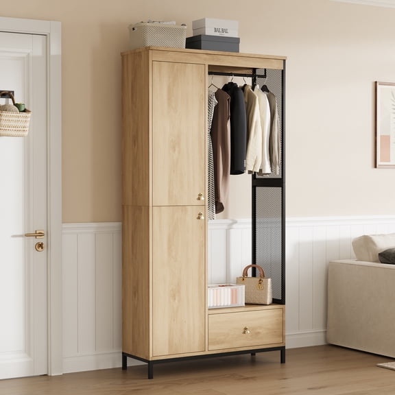 Modern Armoire Wardrobe Closet, Wood & Metal Frame, Bottom Drawer & Hanging Rod, For Small Spaces