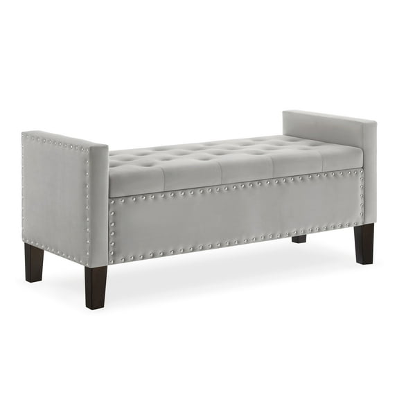 Modern Armrest Bench with Hidden Storage Upholstered with Soft Velvet Dark Wood Legs - 48