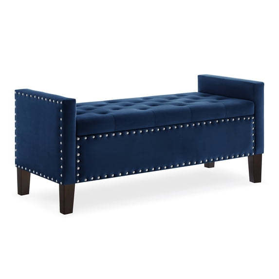 Modern Armrest Bench with Hidden Storage Upholstered with Soft Velvet Dark Wood Legs - 48