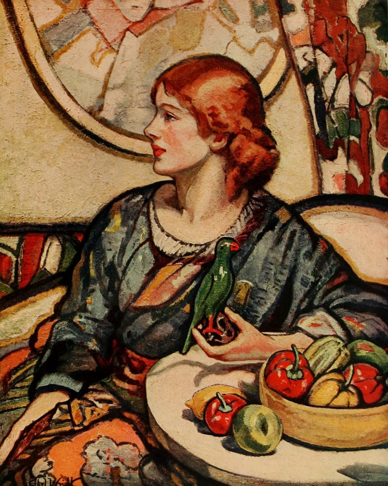 Modern Art 1917 Green bird Canvas Art - Ethel Wright (18 x 24)