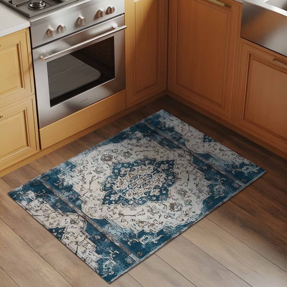 Modern Art 2x3 Rug for Entryway Front Door Kitchen Sink Area, Blue Toned Abstract National Pattern Low Pile Washable Non Slip Rectangle Area Rug