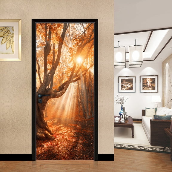 Modern Art 3D Sunshine Tree Autumn Door Sticker Waterproof DIY Self-Adhesive PVC Decal Mural for Home Décor,SP-F252,L(45x200cmx2Pcs)