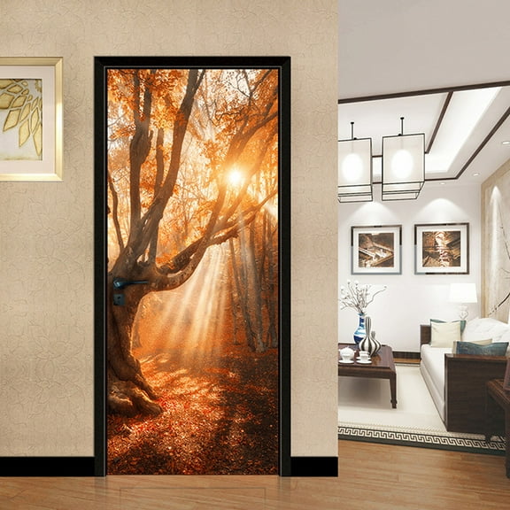 Modern Art 3D Sunshine Tree Autumn Door Sticker Waterproof DIY Self-Adhesive PVC Decal Mural for Home Décor,SP-F252,S(38.5x200cmx2Pcs)