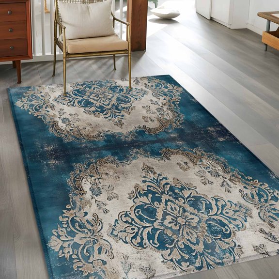 Modern Art 3x5 Rug for Bedroom Foot of Bed Small Living Room, Retro Bohemia Theme Blue Beige Floral Washable Non Slip Rectangle Area Rug