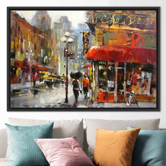 Modern Art, Abstract Printed Canvas, City Poster, Rainy Day Poster, Oil Painting Print, View Poster, Landscape Canvas Art, Cafe Artwork, Canvas Wall Decor - White Framed