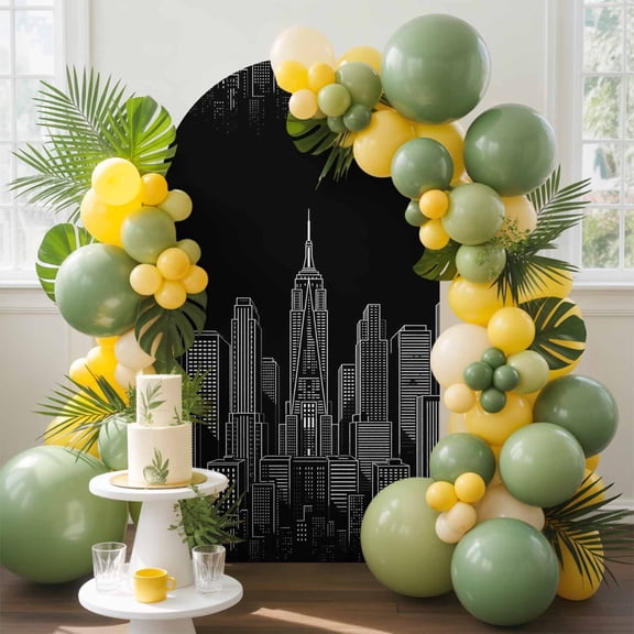 Modern Art Arch Backdrop Cover, 5FT, Black and White Skyscrapers Night City Minimalist Spandex Arch Covers Double-Sided Backdrop for Wedding Birthday Party Photo Background Decoration