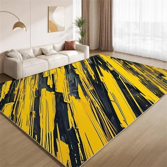 Modern Art Area Rugs, Yellow Black Minimalist Carpet, Washable Non Slip Low Pile Soft Rug for Living Room Bedroom Apartment Decor Mat 2ftx3ft
