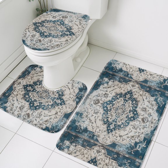 Modern Art Bathroom Rugs Set Blue Toned Abstract National Pattern Non Slip Absorbent Soft Bath Mats 3 Piece Set with Bathroom Rug, U-Shaped Floor Mat, Toilet Seat Cover Small Size