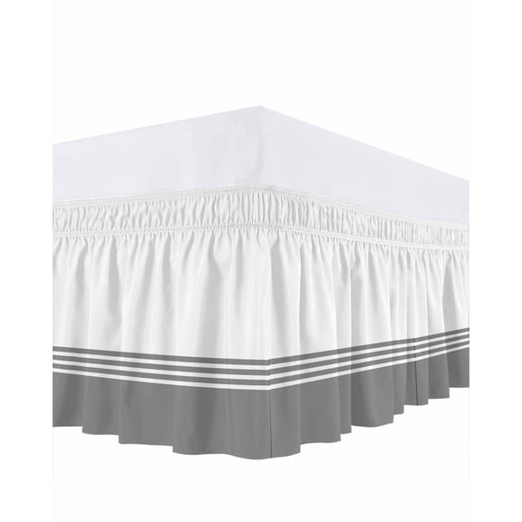 Modern Art Bed Skirt Grey White Simple Striped Farmhouse Bed Skirts Queen Size 16 Inch Drop, Wrap Around Dust Ruffle&nbsp;Bedskirt with Adjustable Elastic Belt for Queen Size Beds