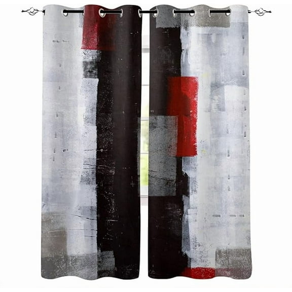 Modern Art Blackout Curtains, 3D Abstract Red Black White Wall Print Window Curtains, Thermal Insulated Darkening Grommet Drapes Set For Living Room Bedroom Kitchen Decor 42"W x 84"L (Pack of 2)
