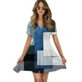thumbnail image 1 of Modern Art Blue Grey Geometric Women Dress V-Neck Short Sleeve Flowy Swing Party Midi Dress, 1 of 4