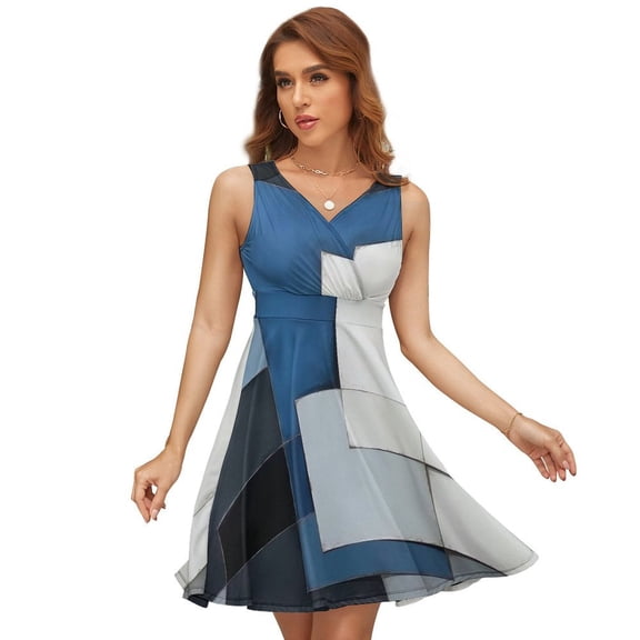 Modern Art Blue Grey Geometric Women's Tank Dress V Neck Sleeveless Summer Sundress