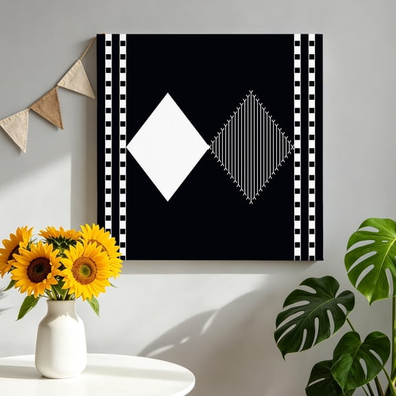 Modern Art Canvas Wall Art, Black and White Striped Diamonds Checkered Border Framed Canvas Wall Decor Picture Print Artwork Decorations for Living Room Office Ready to Hang 8" x 8"