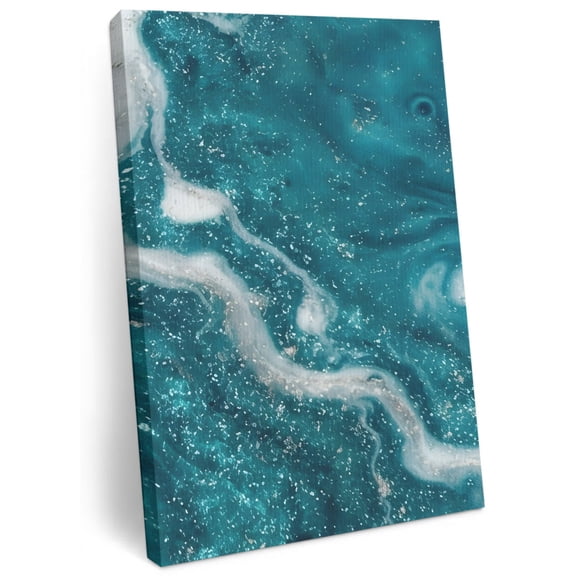 Modern Art Canvas Wall Art for Living Room, Ocean Wave Deep Teal Silver Gradient Fluid Marble Poster Print Painting for Entryway Side Of Cabinet Decoration Wall Pictures Prepare To Hang 8"x12"