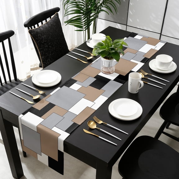 Modern Art Cotton Linen Table Runner 13 x 90 inch Geometric Abstract Black White Brown Non-slip Rectangular Dining Table Decor for Wedding Party Holiday Dinner