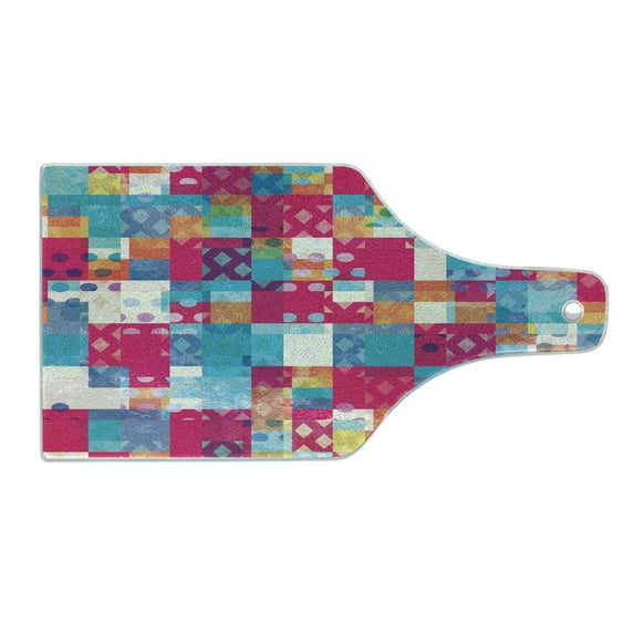 Modern Art Cutting Board, Abstract Motif with Dots with Squares and Chevron Lines Urban Art Design Print, Tempered Glass Cutting and Serving Board, Wine Bottle Shape, Multicolor, by Ambesonne