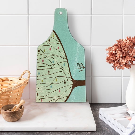 Modern Art Cutting Board, Aqua Hand Drawn Funk Depiction of Tree Form Dots Doodle Lines Print, Decorative Tempered Glass Cutting and Serving Board, Wine Bottle Shape, Multicolor, by Ambesonne