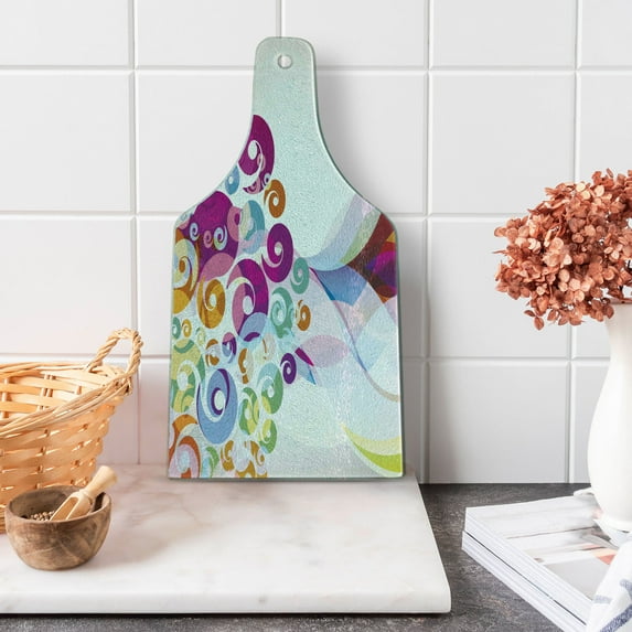 Modern Art Cutting Board, Digital Whirlwind Textured Vortex Concentric Spirals Abstract Art, Decorative Tempered Glass Cutting and Serving Board, Wine Bottle Shape, Multicolor, by Ambesonne