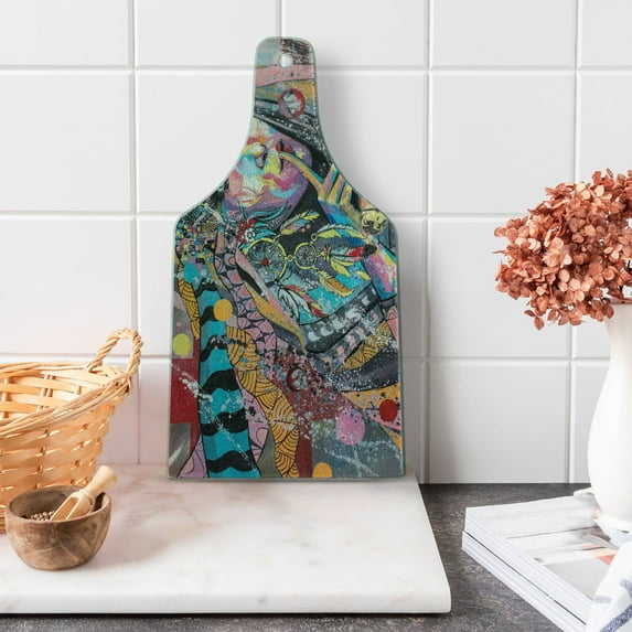 Modern Art Cutting Board, Girl Dreamcatcher and Ethnic Murky Colorful Paint, Decorative Tempered Glass Cutting and Serving Board, Wine Bottle Shape, Multicolor, by Ambesonne